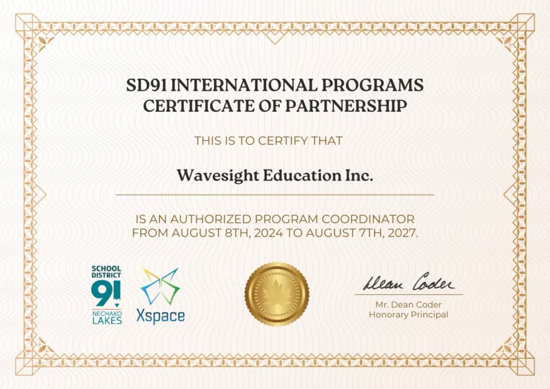 SD91 International Programs Certificate of Partnership